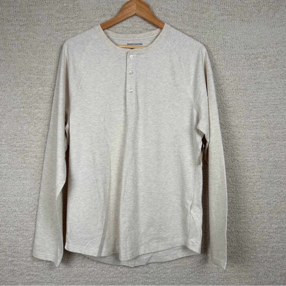 Amazon Essentials Top Mens Med Slim Oatmeal Long Sleeve Henley 100% Cotton Shirt